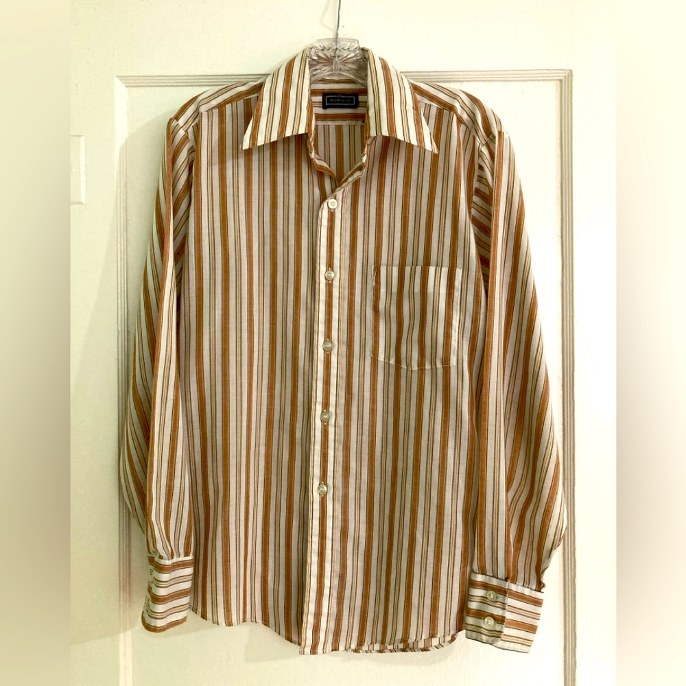 Durable Press Brown and White Striped Mens Button Down Shirt M